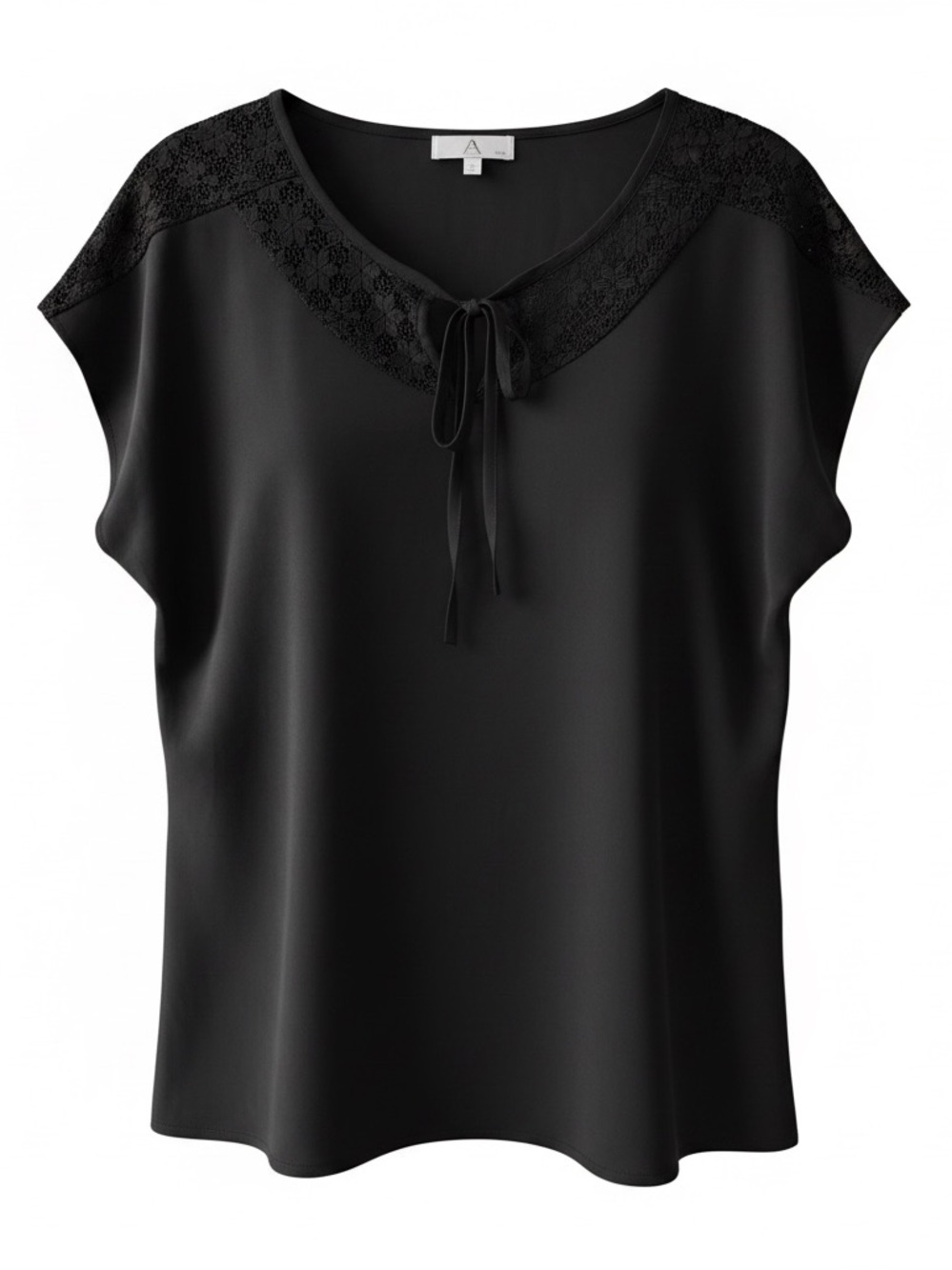 Black Lace-Trim Tie-Neck Blouse